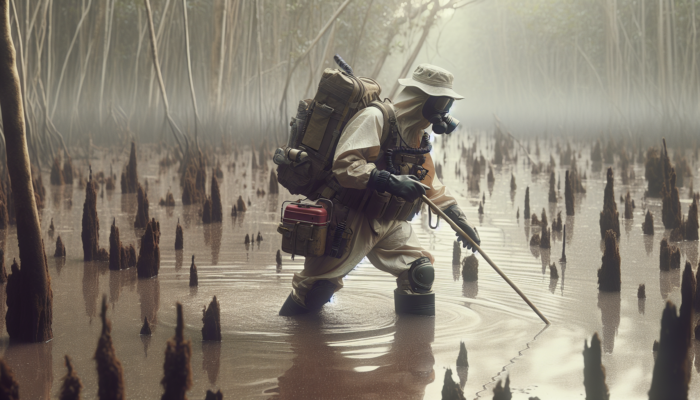 Person in protective gear cautiously navigating a swamp, testing the ground and purifying water.