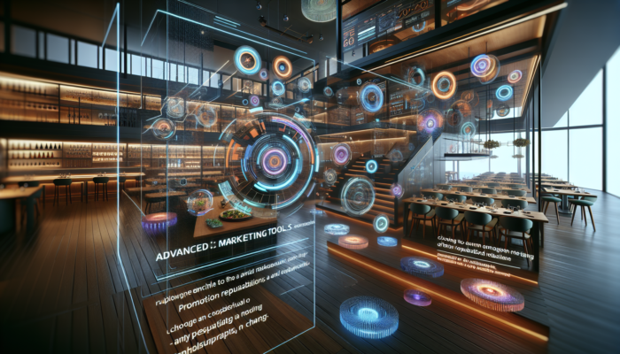 Futuristic restaurant utilizing advanced digital marketing tools for improved customer engagement and online reputation management.