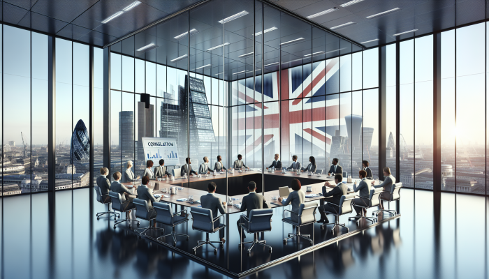 Financial experts in a modern London conference room discussing debt consolidation, UK skyline visible.