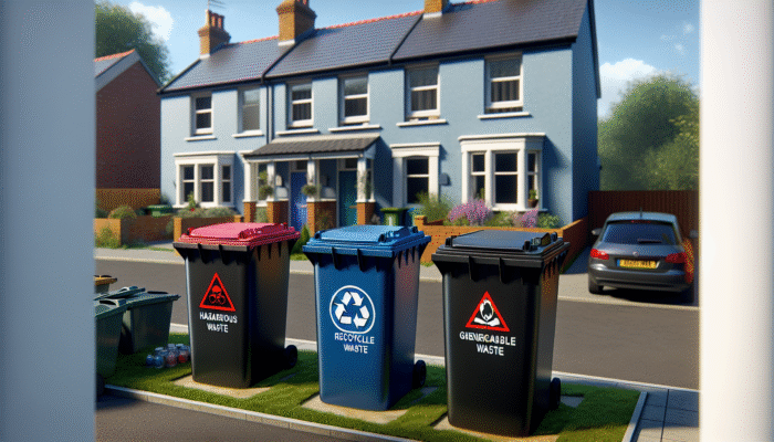 UK house clearance with labeled bins for hazardous, recyclable, and general waste in a suburban home.