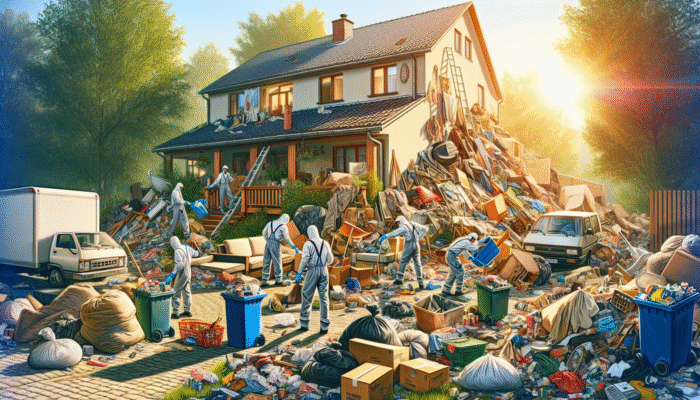 Professionals in uniforms clearing general waste from a cluttered suburban home using labeled bins during daylight.