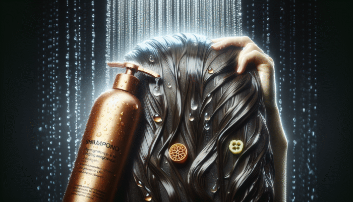 Woman with thick hair using hydrating shampoo with jojoba oil and panthenol, showcasing moisture and shine.