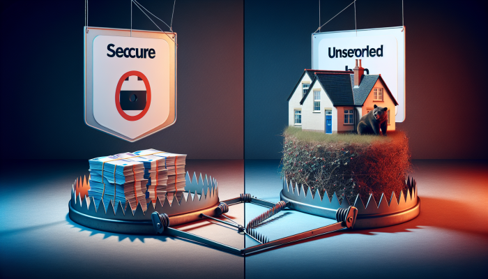 Best Debt Consolidation Loans for Quick Funding | DCL Split image of secured loan with house collateral and unsecured loan with cash and documents, illustrating UK debt consolidation options.