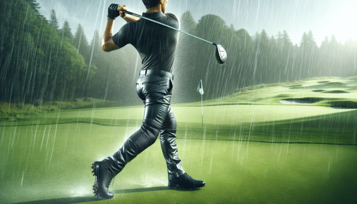 A Golfer in black rainproof trousers swinging on a rainy golf course, with water repelling off the fabric.