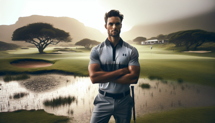 A Golfer in South Africa wearing durable Under Armour rainproof trousers on a wet golf course, with Sportsman's Warehouse and Takealot logos.