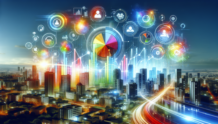 A vibrant Bing business profile showcasing graphs indicating increased traffic and trust, juxtaposed against a lively city backdrop.