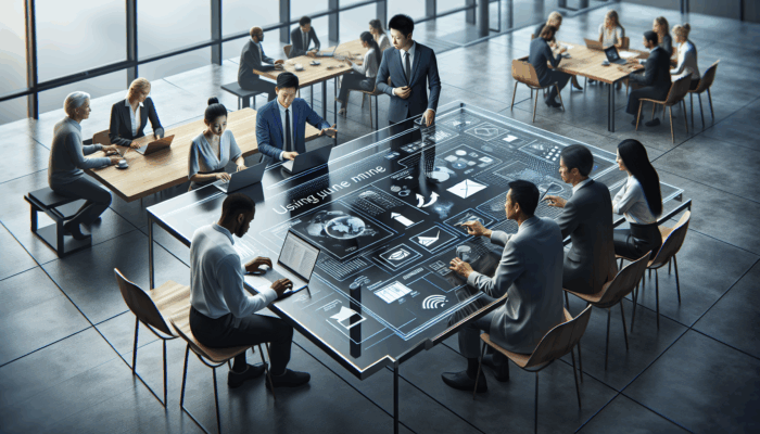 Professionals in a modern office utilizing Google Workspace: Gmail, Google Drive, and Google Docs for effective collaboration.