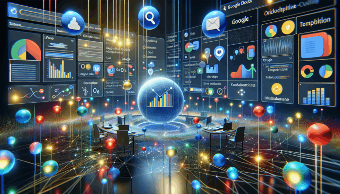 A vibrant digital workspace showcasing real-time collaboration on Google Docs, Sheets, and Meet with colorful graphs and chat bubbles.