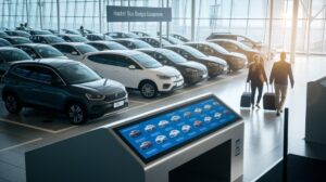 A modern car rental center featuring rows of parked vehicles inside a bright, glass-walled building. Two travelers with luggage approach the cars, while a digital kiosk provides hassle-free booking options. Sunlight streams in from large windows.