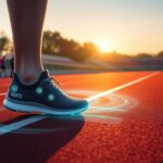 Close-up of a person wearing the black Xero XB+ SmartShoe, showcasing digital elements on a track. The shoe displays glowing icons and the brand name "Xero." In the background, a group runs with a digital clock indicating 14:06—ideal for sensor-driven running form optimization unveiled at CES 2025.