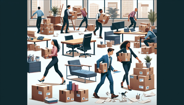 Workers hastily packing and moving office furniture, with signs displaying extra fees for urgent services and specialized disposal in a modern UK office.