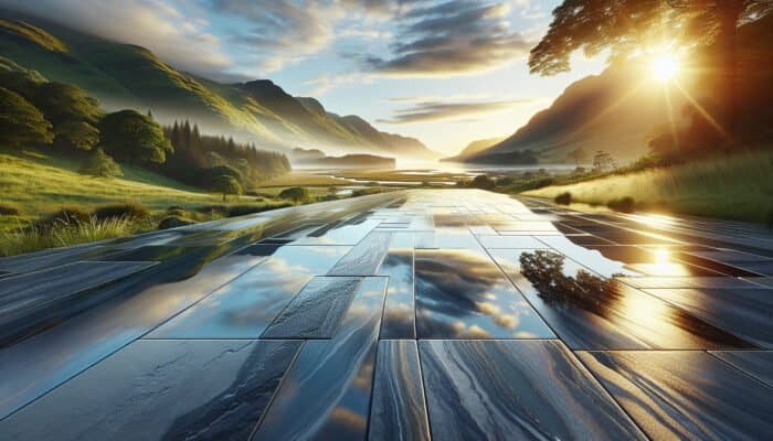 A scenic Inverclyde landscape featuring a luxurious, waterproofed stone floor that reflects the vibrant surroundings, showcasing its durability and protection.