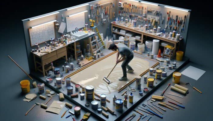 Individual applying waterproof sealant with tools and materials in an organized workspace.