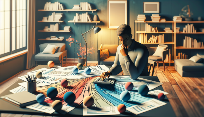 Debt Consolidation Loan Income Requirements: A Comprehensive Guide | DCL Individual calculating debt-to-income ratio in a cozy home office, surrounded by financial documents and graphs.