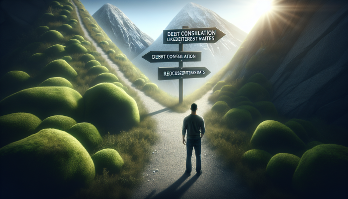 A person at a crossroads between paths to 'Reduced Interest Rates' and 'Risks', symbolizing debt consolidation.