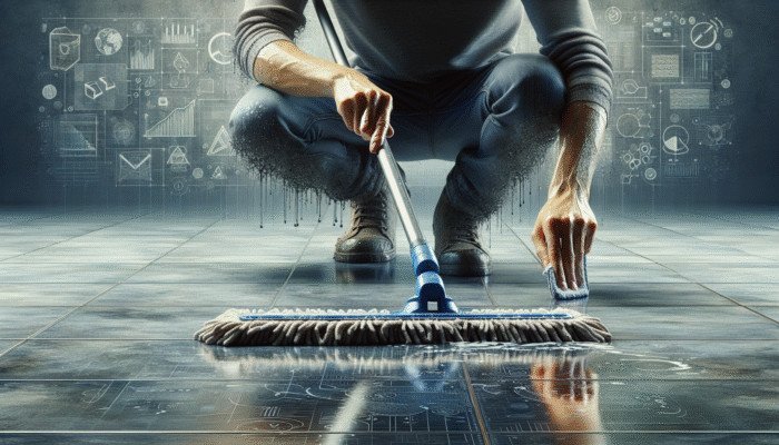 Individual cleaning stone floor with pH-neutral cleaner and mop, effectively removing dust and grime for polishing.