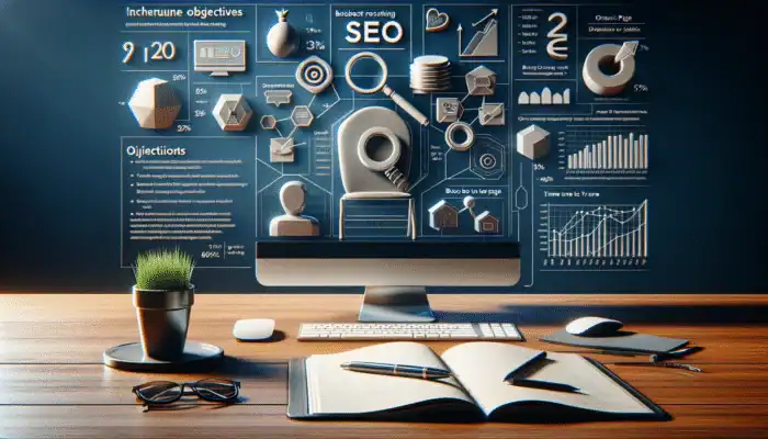 A workspace with a computer showing SEO analytics, a notepad with objectives, and user engagement charts.