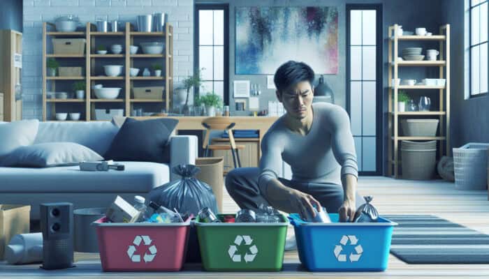 Person sorting items into recyclable, reusable, and waste bins in a cluttered living room, kitchen, and bedroom during winter.