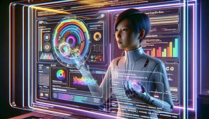 A webmaster utilizes Google Search Console data on a holographic display in a futuristic, tech-focused room.