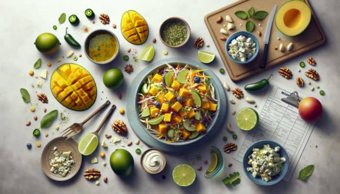 Vibrant coleslaw featuring mango, lime, blue cheese, nuts, and jalapeños, garnished with fresh herbs.