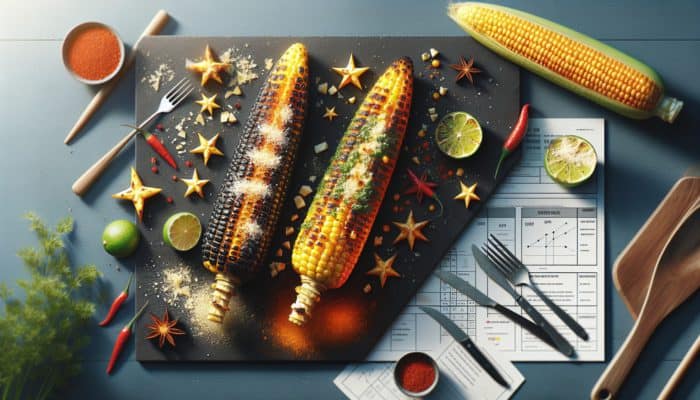 Grilled corn topped with truffle oil and parmesan, and chili lime with cotija cheese, perfect for summer BBQ.