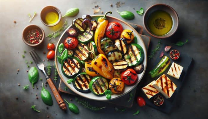 Colorful grilled vegetable platter featuring zucchini, bell peppers, eggplant, halloumi, and tofu, drizzled with herb-infused oil and vinegar.