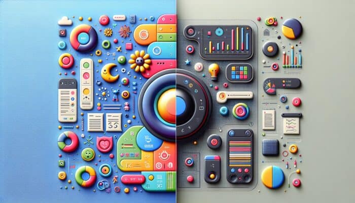 A split-screen image showcasing a colorful circular button for a children's app and a muted rectangular button for a financial services firm.