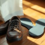 Brown leather shoes with black soles are positioned on a wooden floor illuminated by sunlight. Next to the shoes are a pair of blue insoles, placed beside the shoes. A white curtain is partially visible in the background.