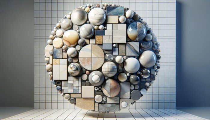 Variety of porcelain tiles: glazed, glossy and water-resistant; unglazed with natural texture; polished, smooth and reflective, showcased in a busy area.