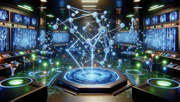 Utilizing AI for Backlink Opportunity Analysis: A vibrant representation of AI algorithms analyzing backlinks in a futuristic setting to enhance SEO.