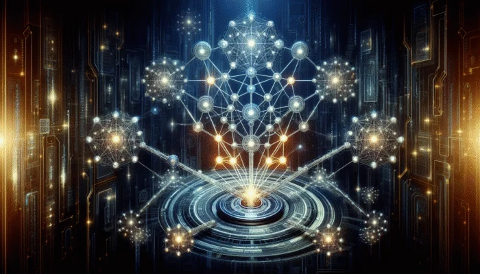 AI tool evaluating vibrant nodes representing premium backlink sources, enhancing SEO on a futuristic digital backdrop.