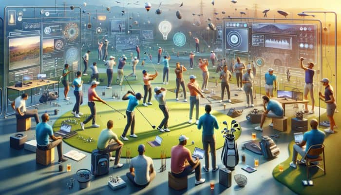 South African golfers engaging with laptops and smartphones, participating in a community forum with local expert support for swing analysis.