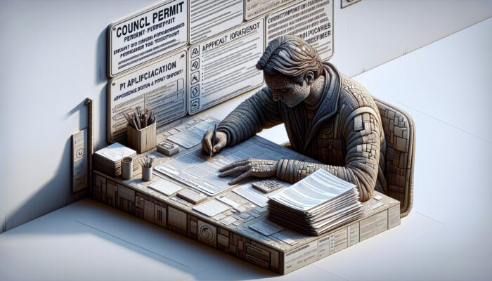 Person filling out a council permit application form at a desk filled with documents and guidelines.
