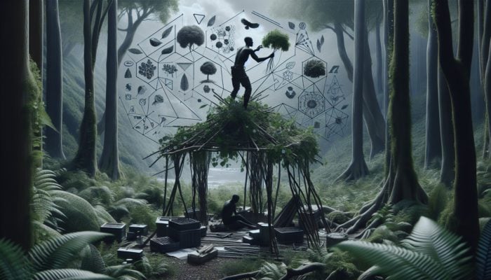 Gathering branches, leaves, and vines in the forest for building a survival shelter.