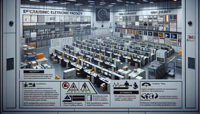 Secure UK electronics facility showcasing clear signage, protocols, and secure handling of sensitive equipment.