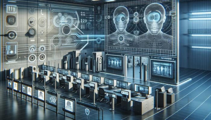 High-security electronics laboratory featuring biometric scanners, surveillance cameras, and physical barriers for restricted access.