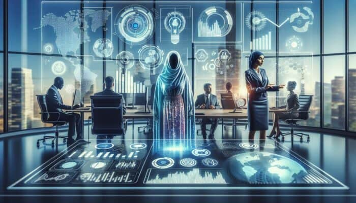 A futuristic dashboard displaying graphs and analytics, with a team analyzing customer data in a modern office setting.