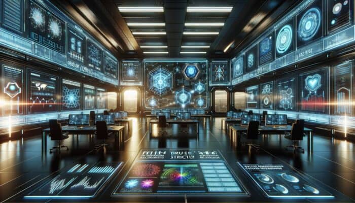 A futuristic control room featuring holographic displays showcasing secure data flows and CRM analytics, surrounded by advanced cybersecurity measures and encryption symbols.