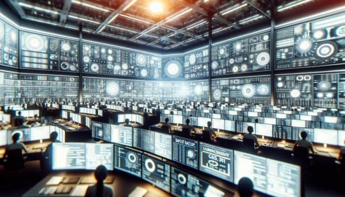 A high-tech control room displaying screens that illustrate backup and recovery processes during a retail store system failure.