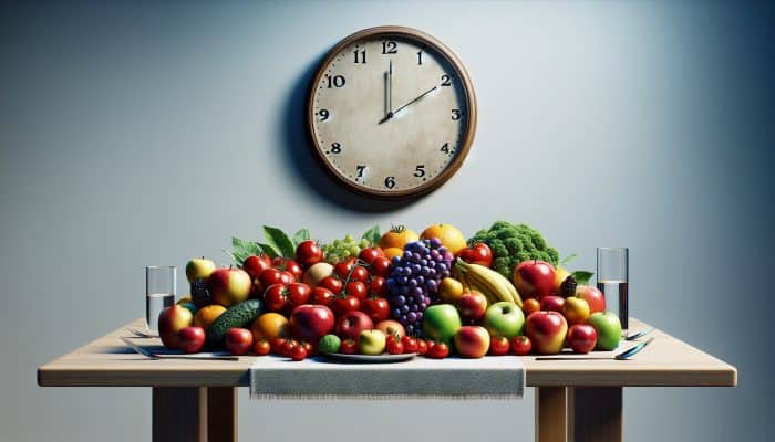 A serene table with fresh fruits and vegetables, a clock symbolizing regular meal times for health and wellness.