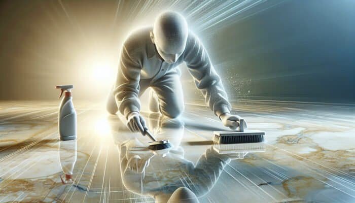 Person cleaning travertine floor with brush, detergent, and stone cleaner, demonstrating stain removal.