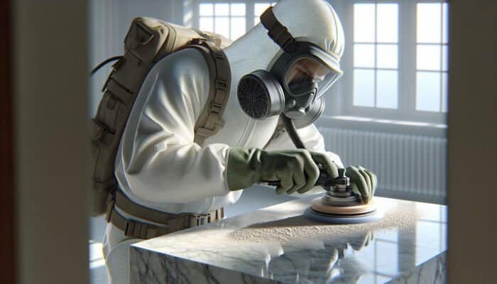 Individual in protective gear polishing limestone with powder in a well-ventilated area for a glossy finish.