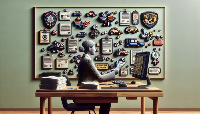A person verifying the car rental company's licensing and insurance using a computer, with official documents displayed on the wall.