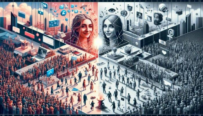 Leveraging Influencers for Affiliate Marketing: Digital collage contrasting two influencer profiles: one with 5,000 engaged followers, another with millions of passive followers.