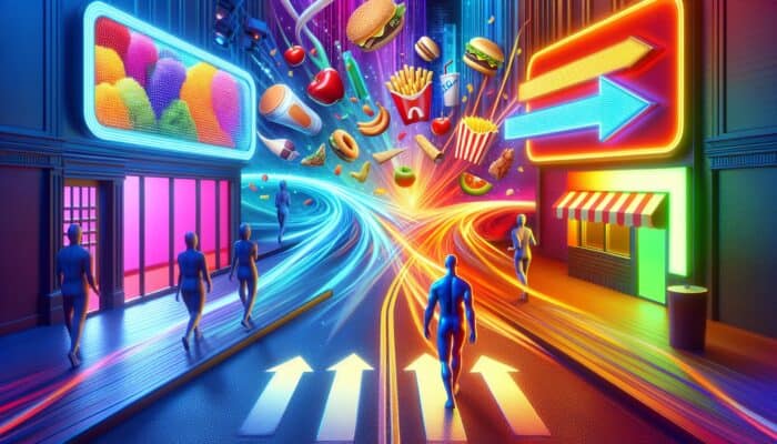 An influencer at a crossroads between a fitness studio and a fast-food chain, symbolizing authenticity versus sell-out.