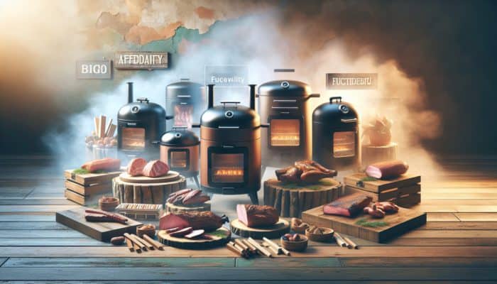 An assortment of budget-friendly smokers on a rustic table alongside meats and smoking woods, warmly lit.
