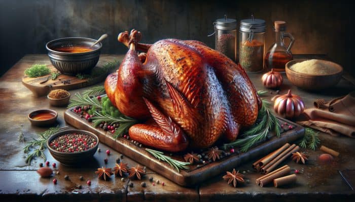 A beautifully smoked turkey with herbs and spices, glistening with moisture, in a rustic kitchen setting.