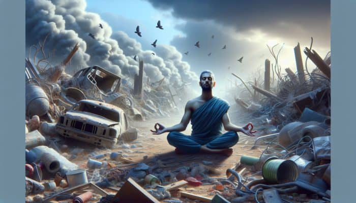 A serene individual meditating in a chaotic, post-apocalyptic landscape, utilizing deep breathing for mental stability.
