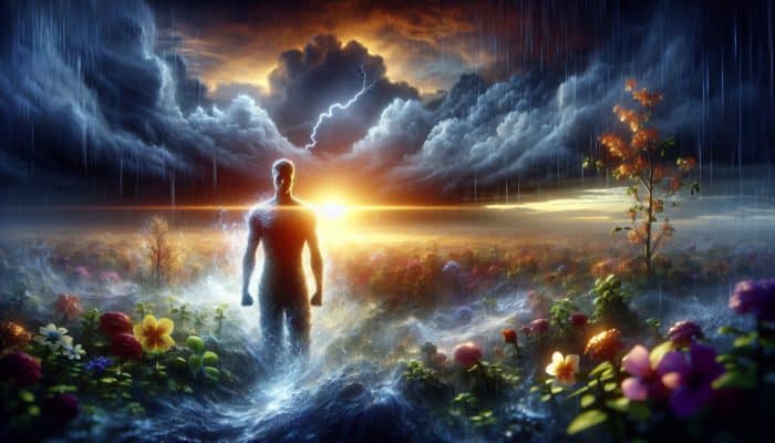 A person standing resiliently in a storm, surrounded by growth symbols, embodying optimism and adaptability.