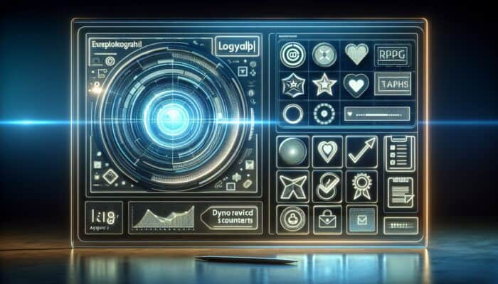 A futuristic loyalty program interface featuring holographic badges and dynamic rewards on a modern, neon-lit backdrop.